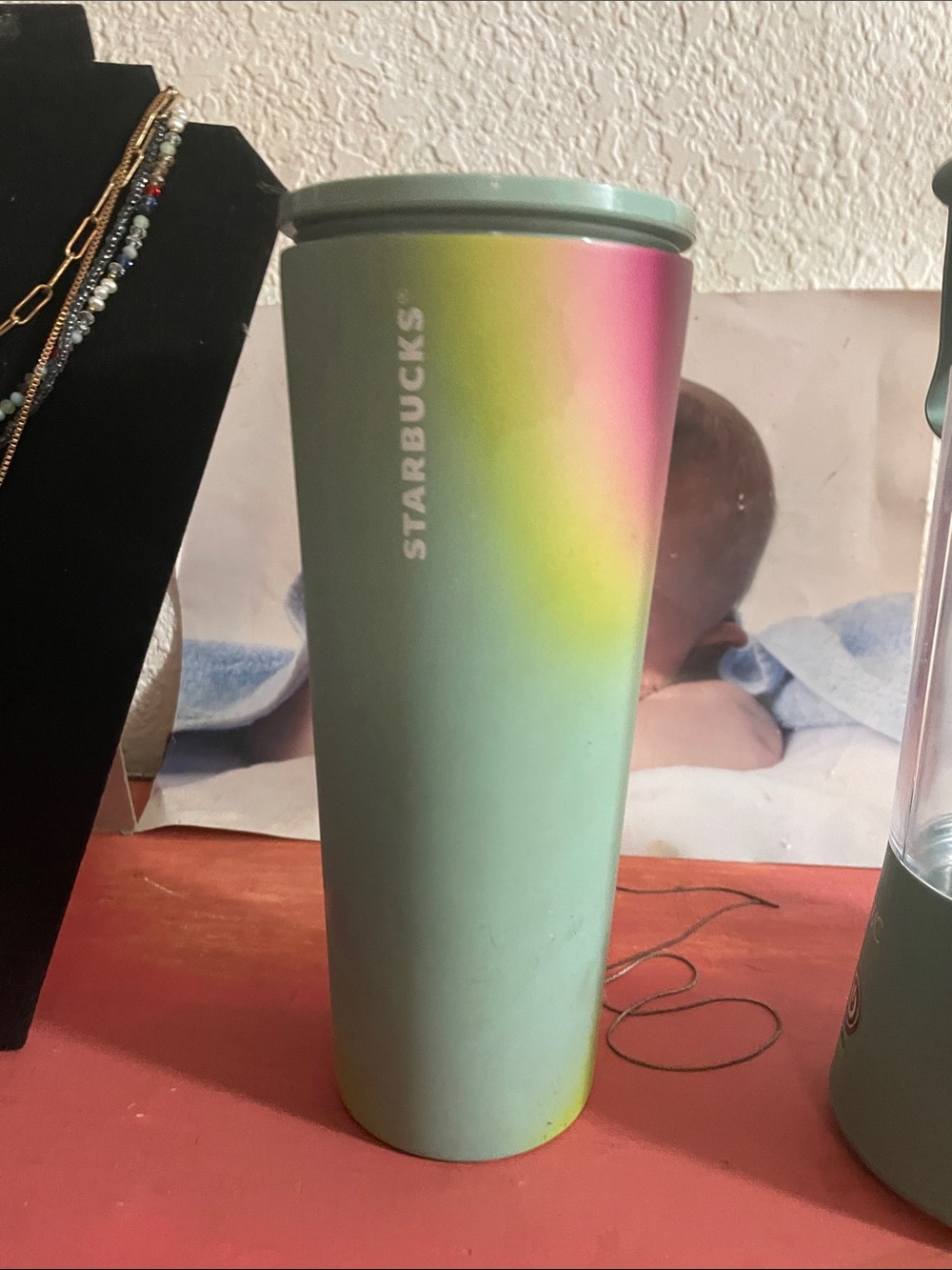 Starbucks Mint Green Tumbler with Rainbow Accent